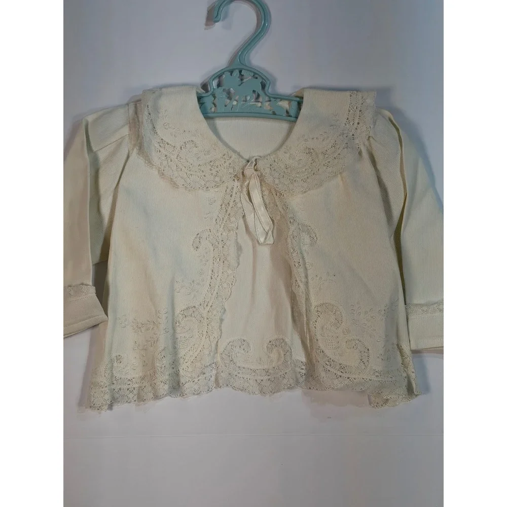Vintage Ivory Corduroy‎ Baby Jacket Lace Trim Peter Pan Collar Embroidery Cream